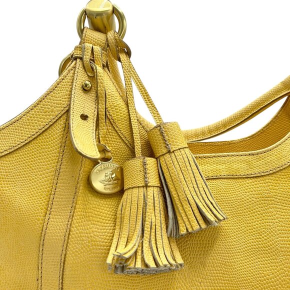 Brahmin Yellow Textured Leather Tote Bag With Tassel Accents & Interior Pockets - Picture 3 of 12